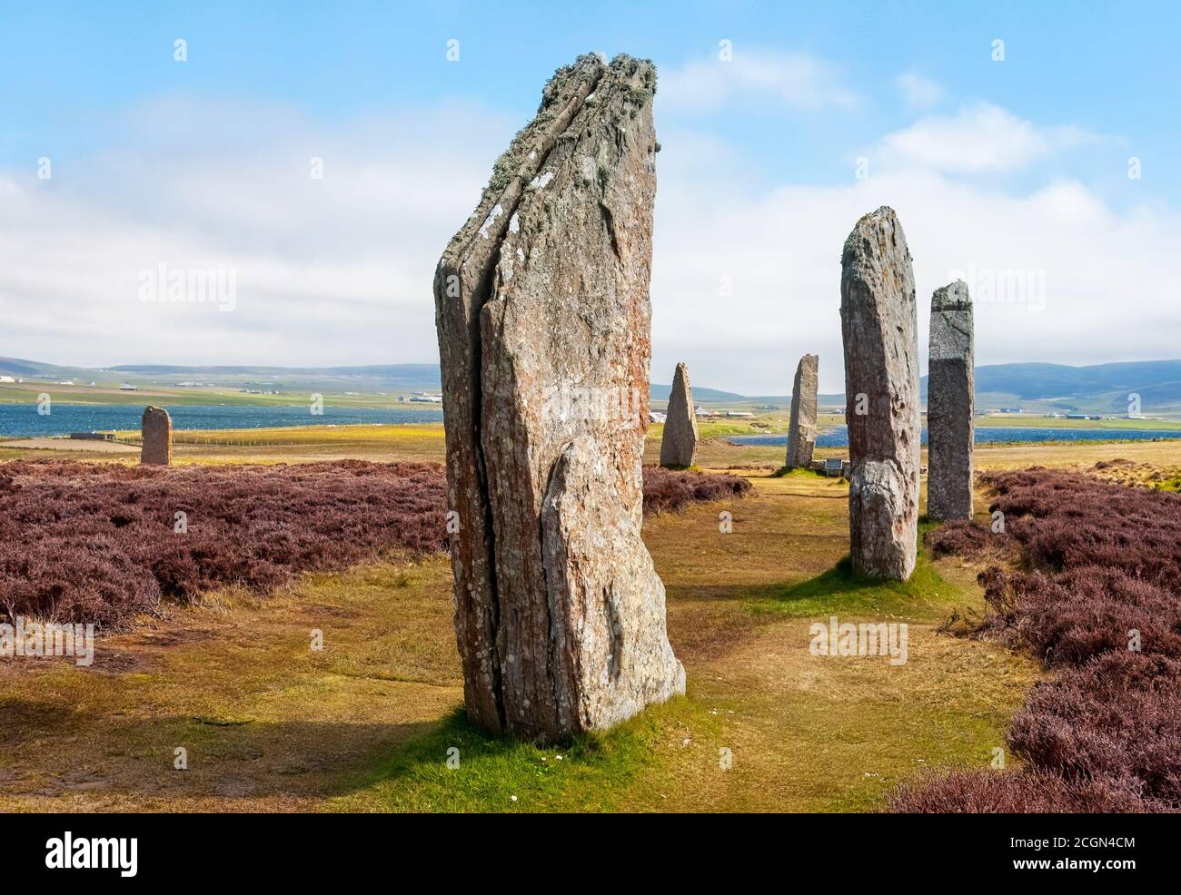 Standing Stones of Stenness dates from at least 3100BC and are part of the Heart of Neolithic Orkney UNESCO World Heritage Site, Scotland, UK Stock Photo