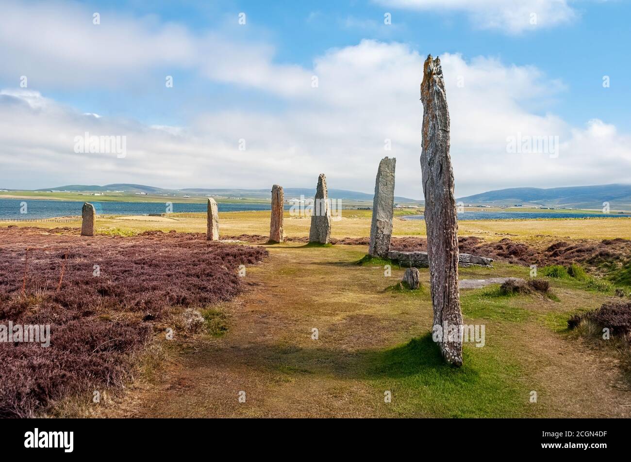 Standing Stones of Stenness dates from at least 3100BC and are part of the Heart of Neolithic Orkney UNESCO World Heritage Site, Scotland, UK Stock Photo