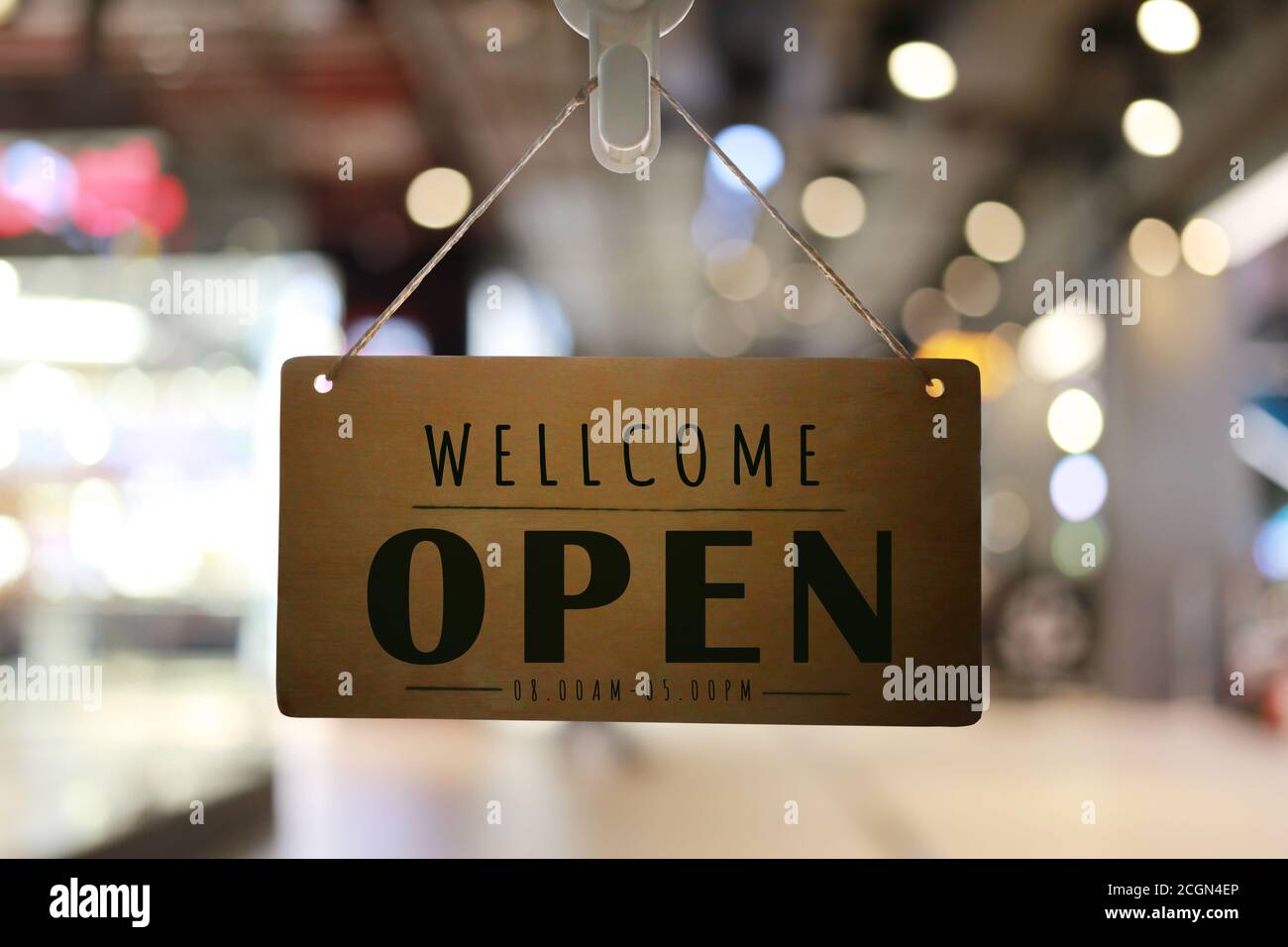 Shop open of storefront sign,restaurant shows the opening status. Stock Photo