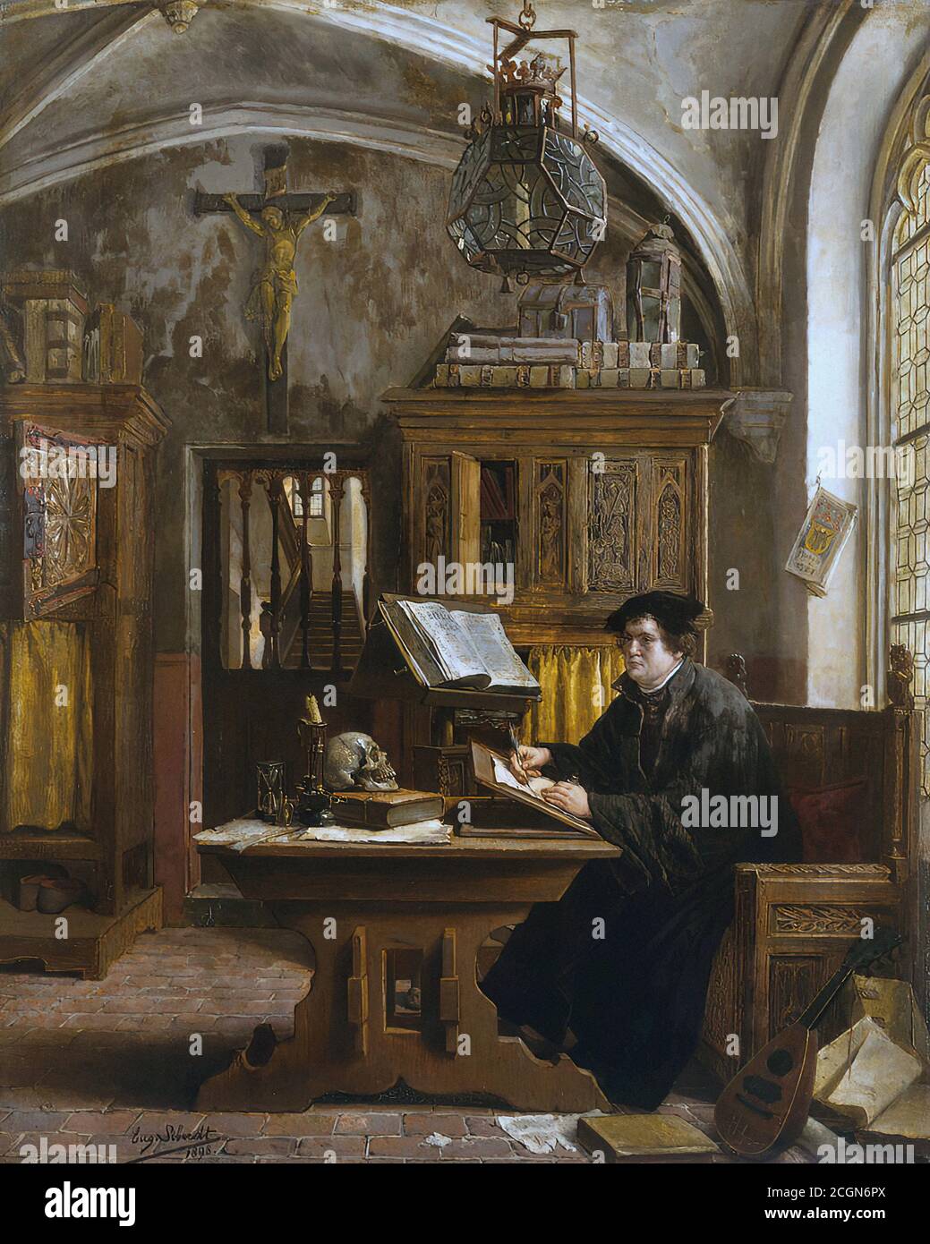 Siberdt Eugène - Martin Luther Translating the Bible Wartburg Castle - Belgian School - 19th  Century Stock Photo