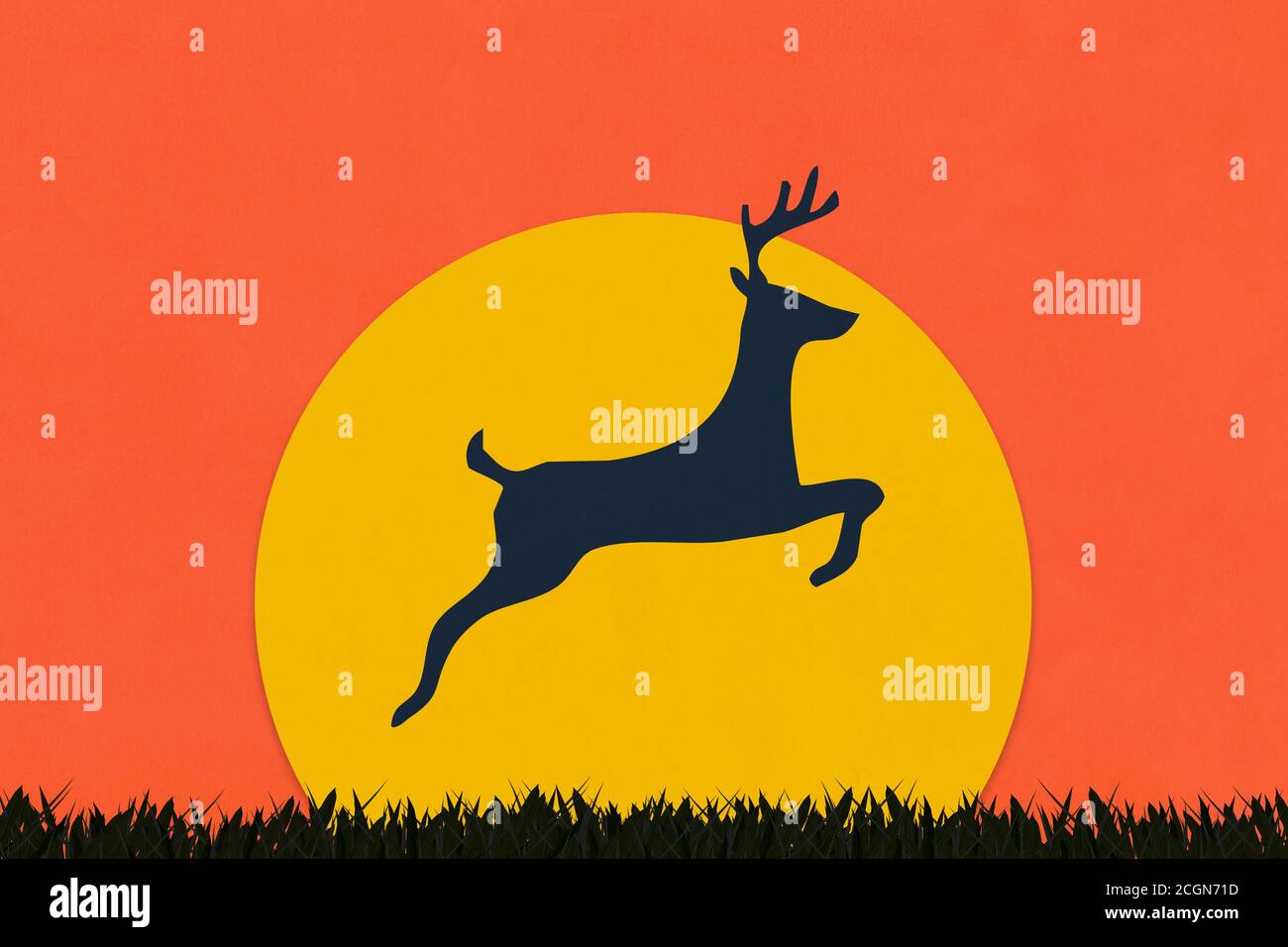 Deer made of art paper in silhouette style, Paper art of safari sunset. Stock Photo
