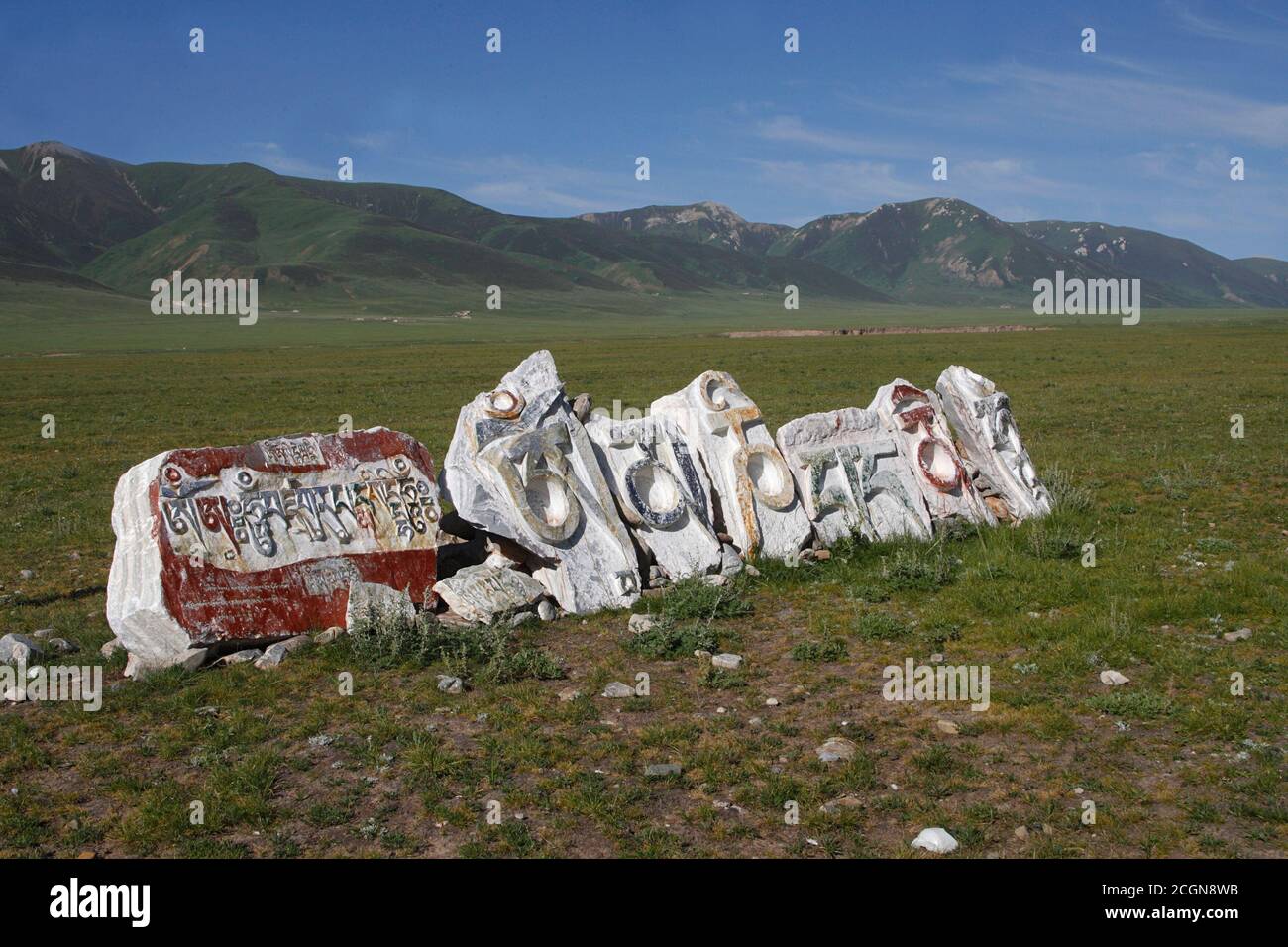 Buddhist mantra (Om Mane Padme Om)  carved on stones by the roadside near Yushu, Qinghai Province, China 2nd Aug 2007 Stock Photo