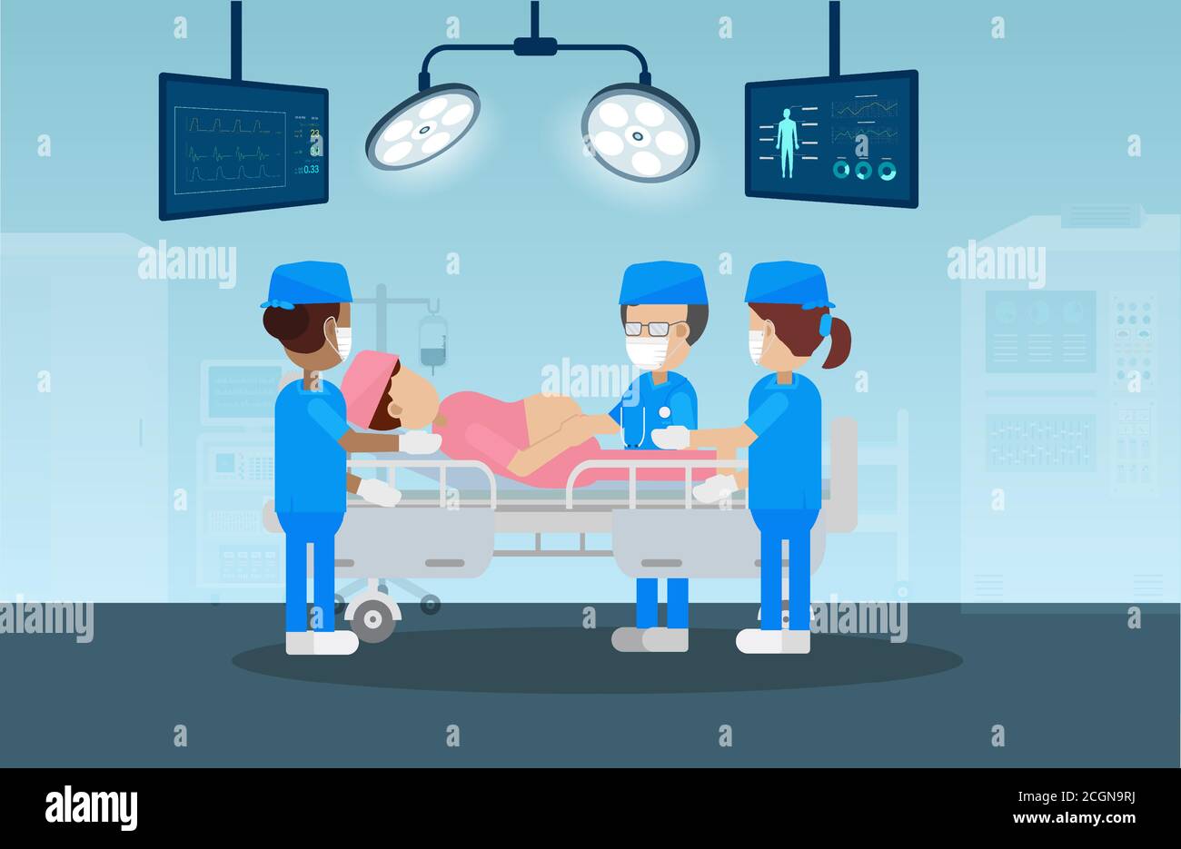 Gynecologist and nurse in delivery room flat design vector illustration Stock Vector