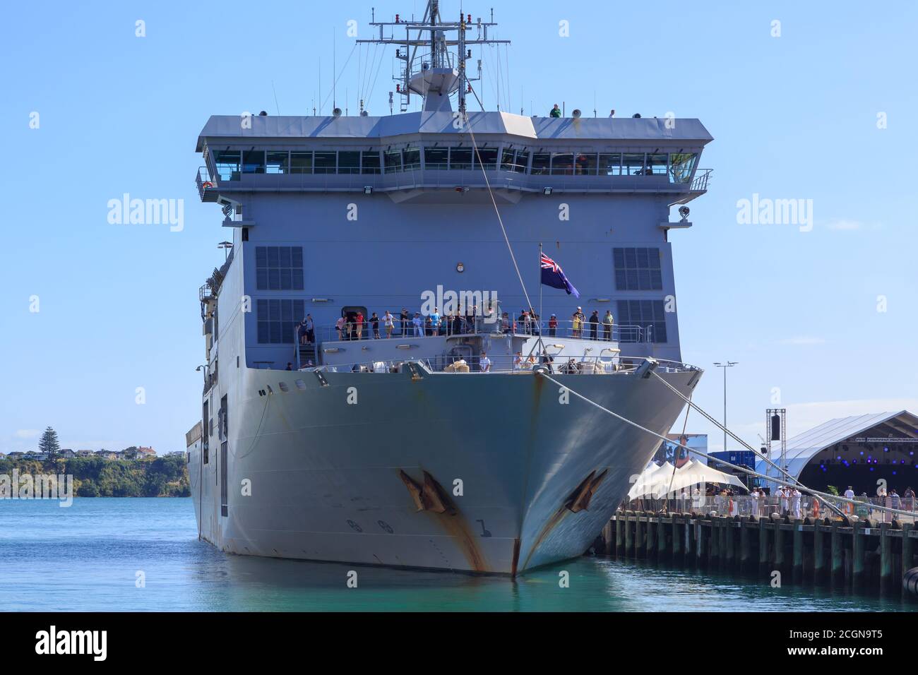 The New Zealand Navy Multi-Role Vessel HMNZS Canterbury in Auckland Harbour, with members of the public on board inspecting her. January 25 2020 Stock Photo