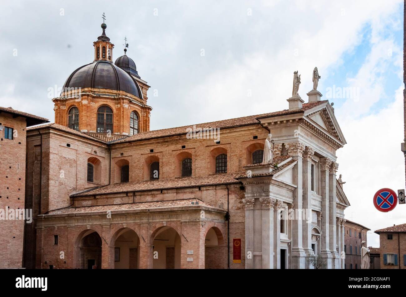 View of the facade and the cupola of the neoclassical Duomo di Urbino, Urbino Cathedral in the Marche, Italy. Stock Photo