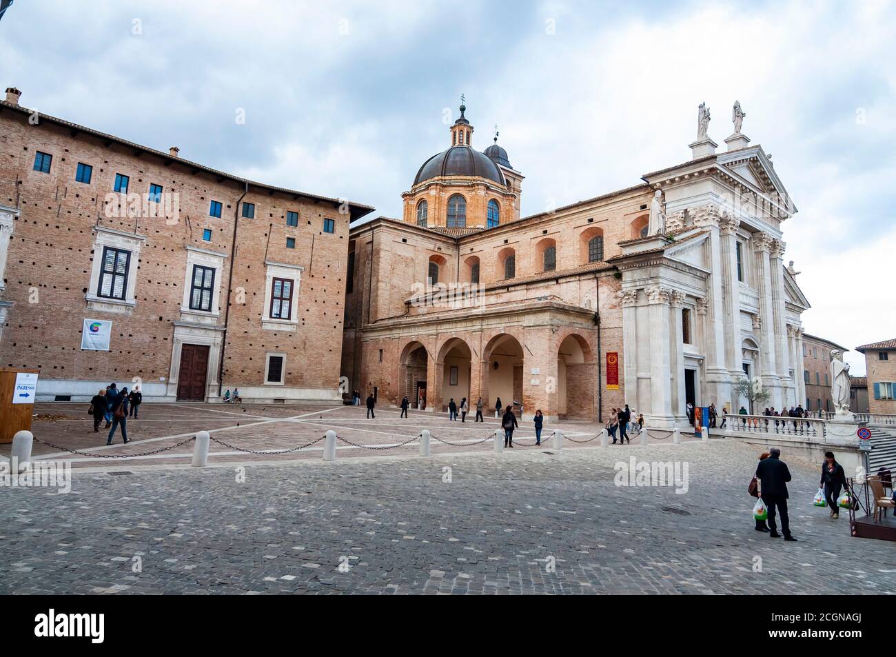 View of the facade and the cupola of the neoclassical Duomo di Urbino, Urbino Cathedral in the Marche region, Italy. Stock Photo