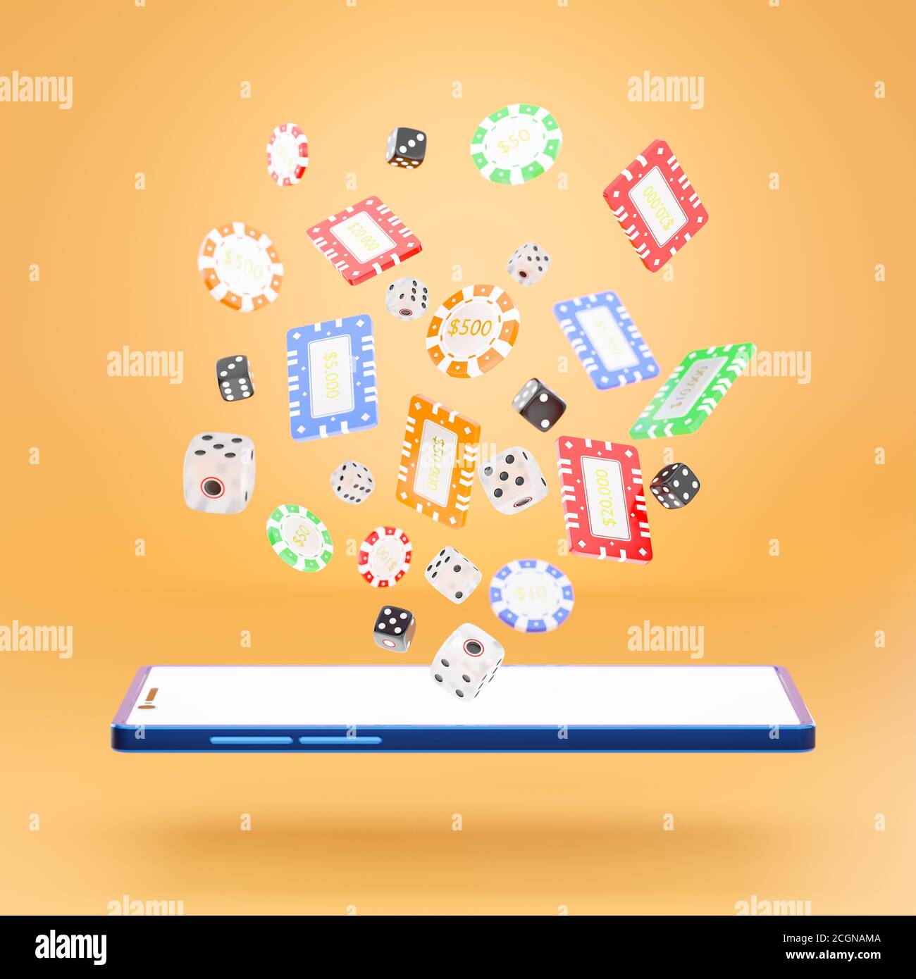 The dice and gambling chips flying off the screen of the blue mobile phone on an orange background. The concept of online casino gambling. 3D renderin Stock Photo