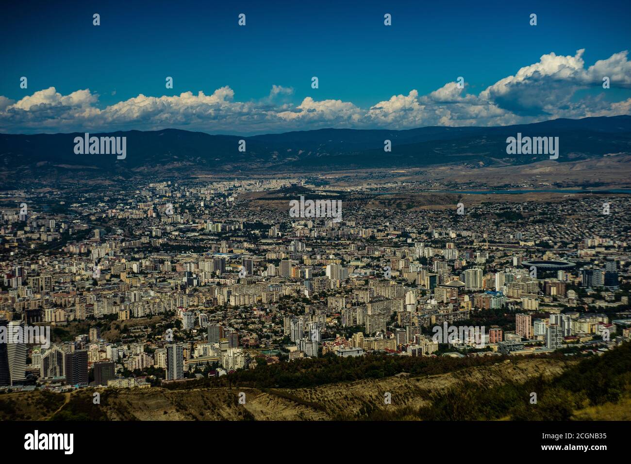 Tbilisi cityscape from hilltop of Mtatsminda mountain, travel card ...