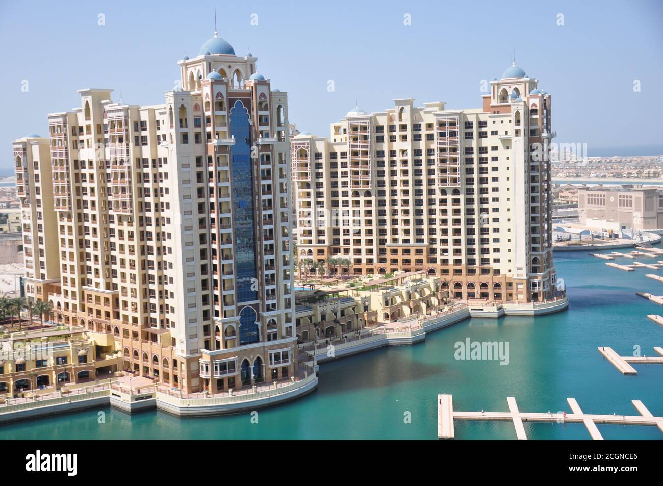 Buildings located on Palm Jumeirah, showing the views of the marine harbour, part of the Palm Islands Project built by Nakheel Property in Dubai, UAE. Stock Photo