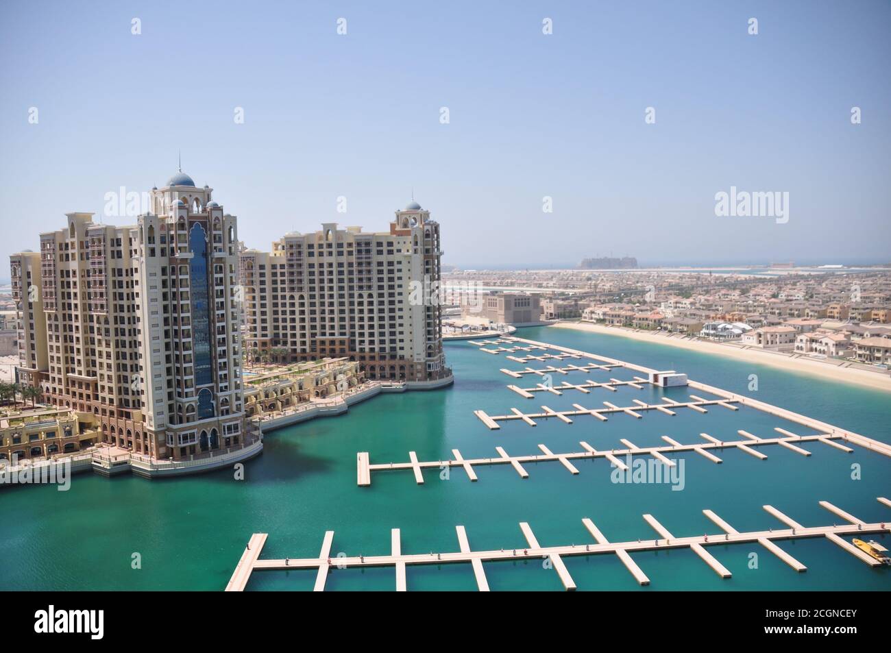 Buildings located on Palm Jumeirah, showing the views of the marine harbour, part of the Palm Islands Project built by Nakheel Property in Dubai, UAE. Stock Photo
