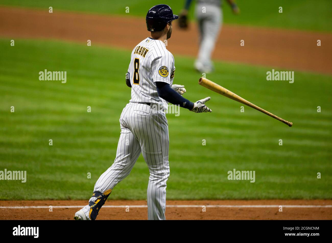 Milwaukee, WI, USA. 11th Sep, 2020. Milwaukee Brewers Ryan Braun #8 flips  his bat after hitting a walk off sacrifice fly to right field in the 9th  inning scoring Christian Yelich in