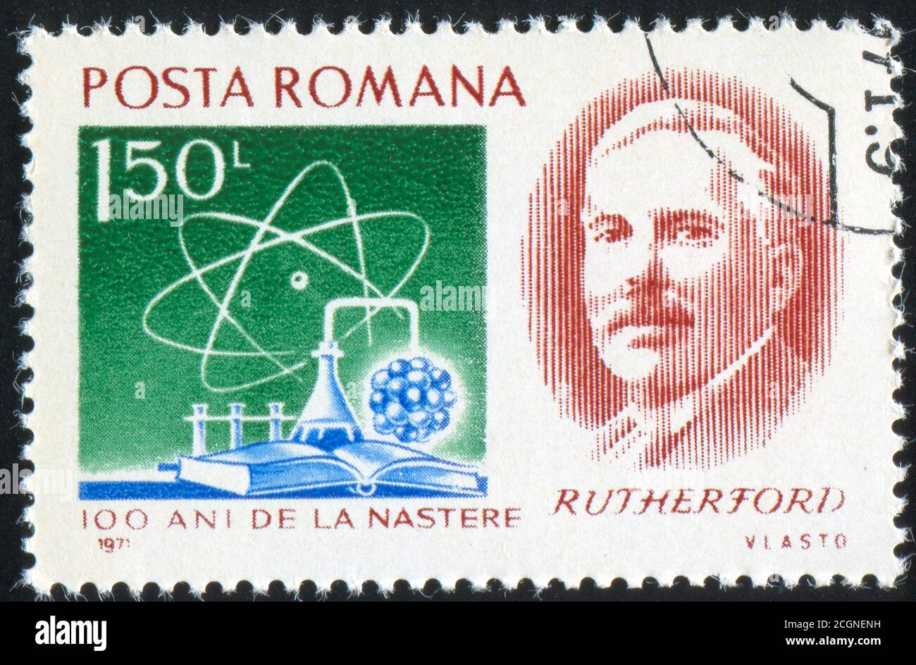 ROMANIA - CIRCA 1971: stamp printed by Romania, shows Baron Ernest R. Rutherford, atom, nucleus and chemical apparatus (1871-1937), circa 1971 Stock Photo