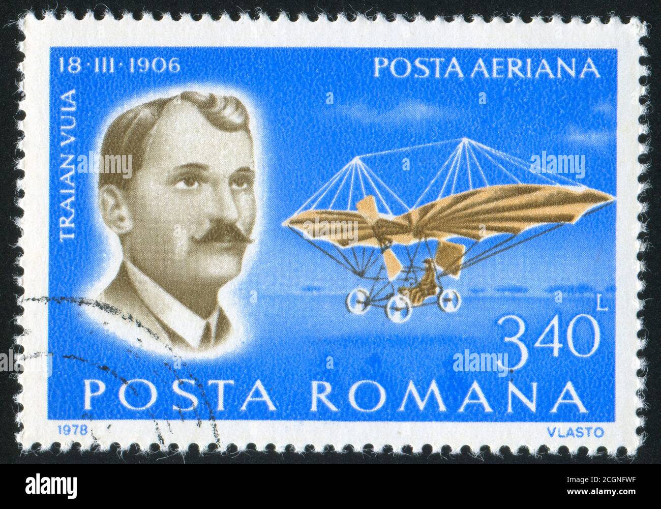 ROMANIA - CIRCA 1978: stamp printed by Romania, show Traian Vuia and plane, circa 1978. Stock Photo