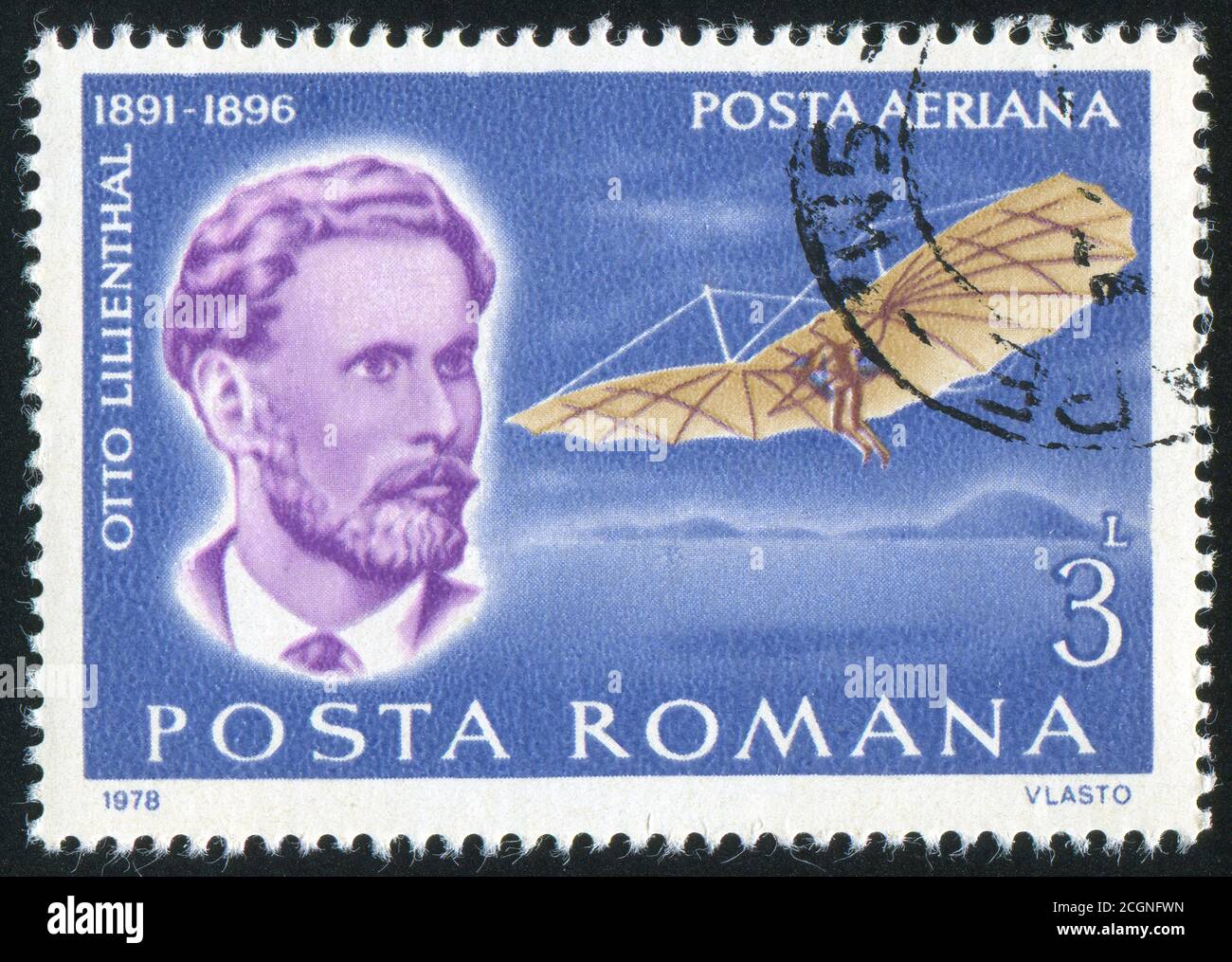 ROMANIA - CIRCA 1978: stamp printed by Romania, show Otto Lilienthal and plane, circa 1978. Stock Photo