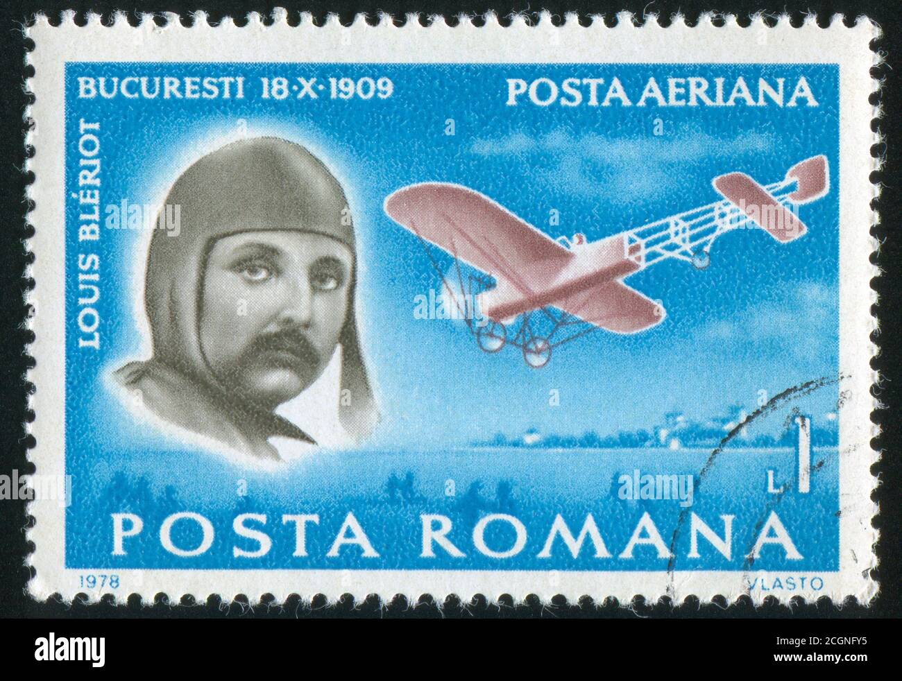 ROMANIA - CIRCA 1978: stamp printed by Romania, show Louis Bleriot and plane, circa 1978. Stock Photo