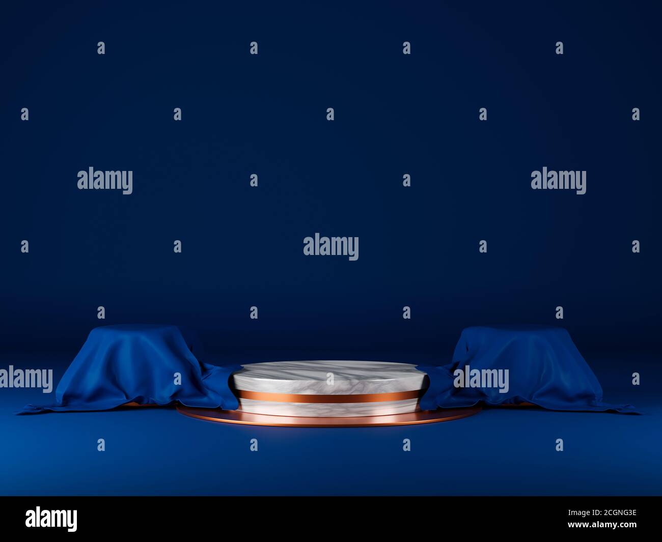 3d rendering empty white marble podium on bronze stand with blue clothes. Stock Photo