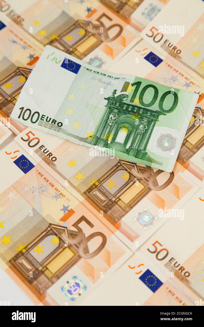 Vertical closeup of one hundred euro banknote on money background Stock ...