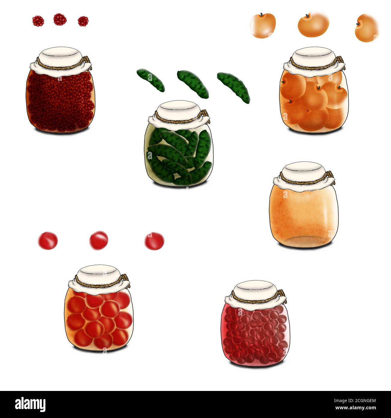 Jars with canned vegetables, berries and fruits.. Stock Photo