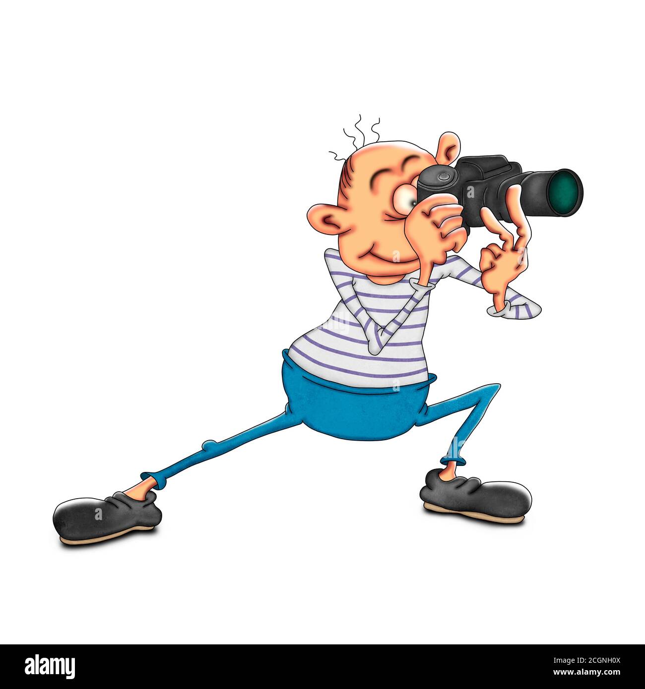 Male photographer holding a camera. Cartoon illustration on a white background.. Stock Photo