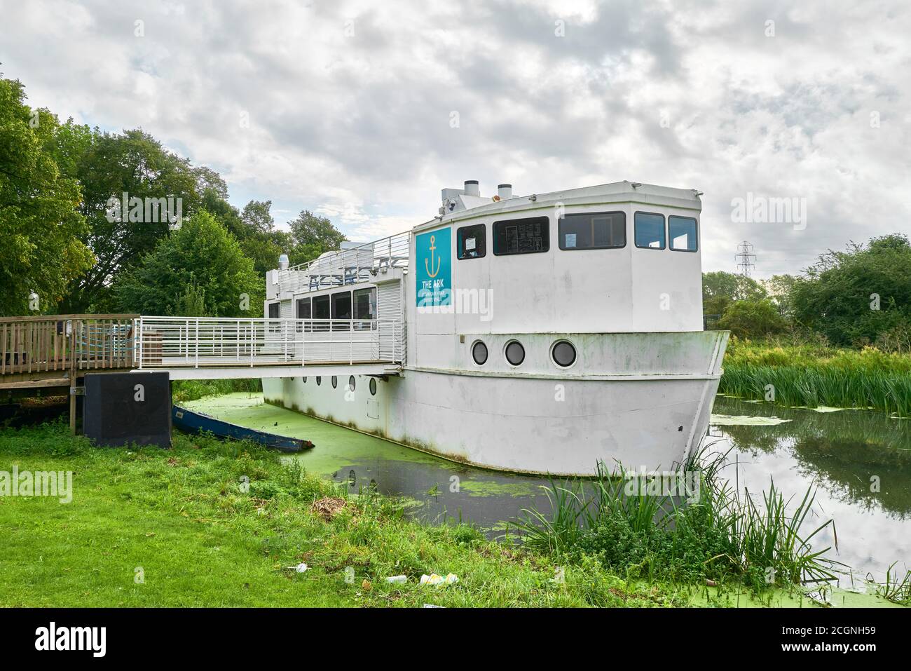 The 'Ark' floating restaurant boat on the river Nene at Midsummer Meadow, Northampton, England, closed due to the coronavirus crisis, August, 2020. Stock Photo
