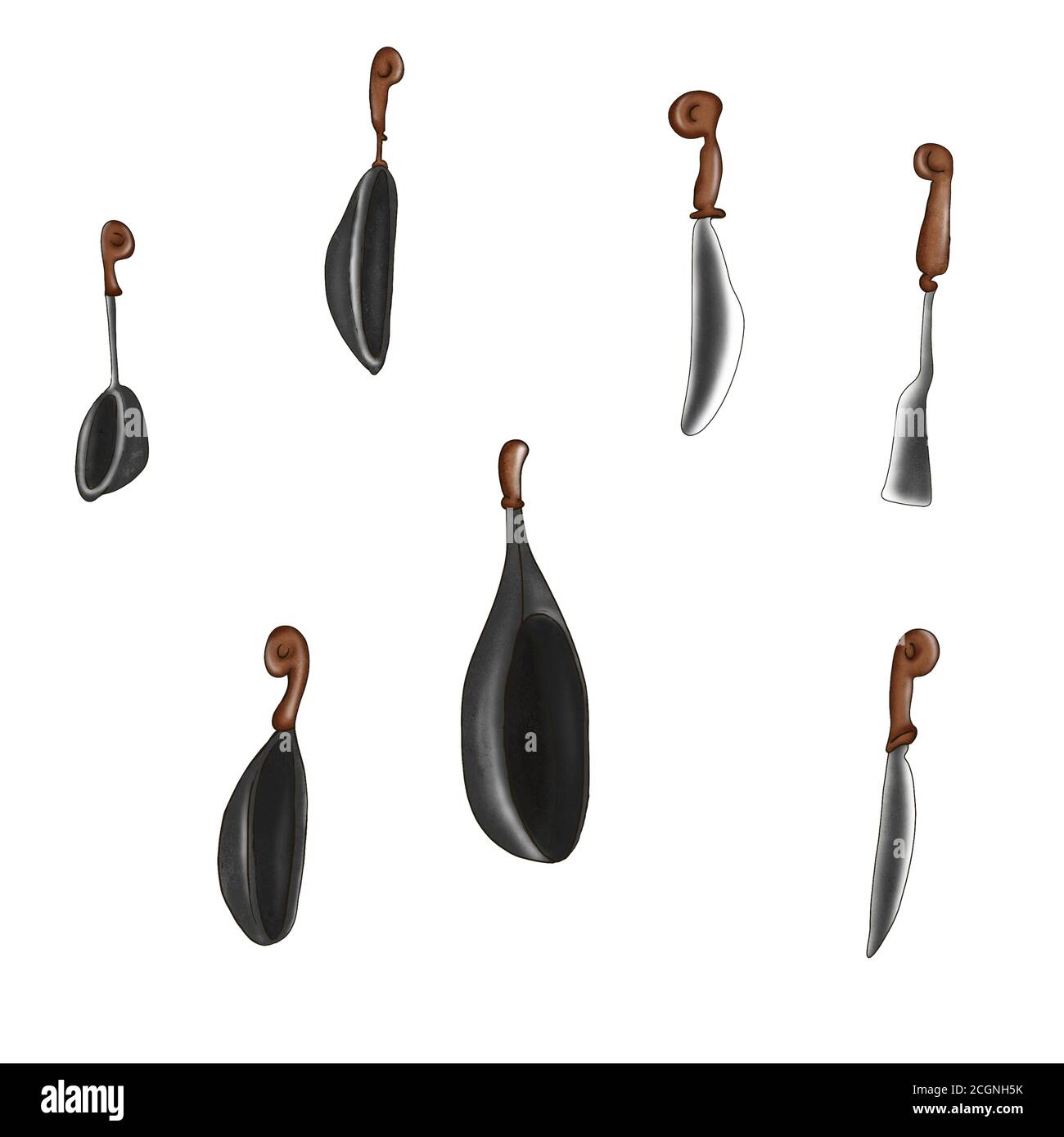A set of kitchen utensils, knives, pans. Illustration on a white background.. Stock Photo