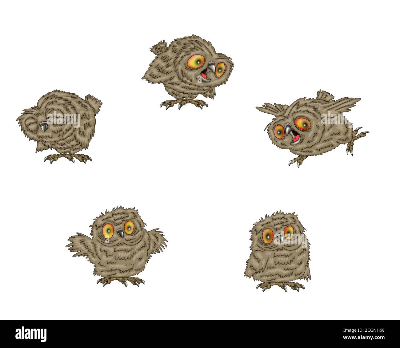 Owls in different variations for design. Isolated illustration on a white background.. Stock Photo