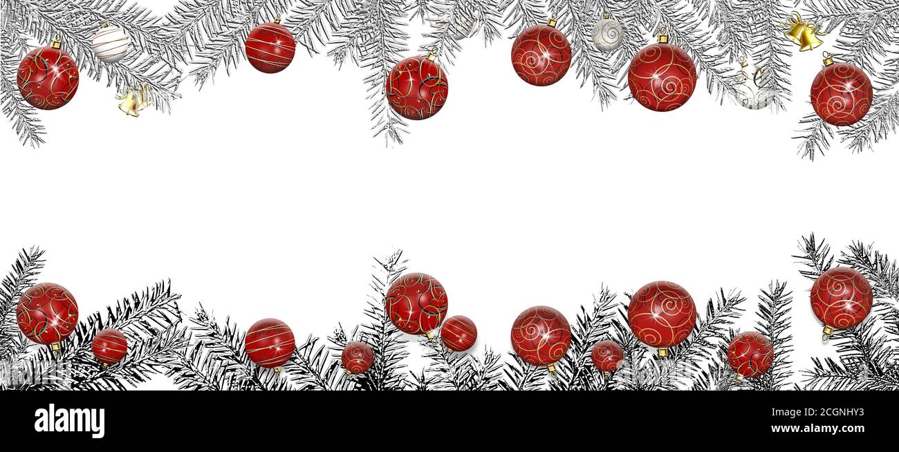 Wide Christmas New Year border with fir branches, red and gold baubles on white. Horizontal. Festive menu, greeting, invitation. Place for text, copy space, mock. 3D illustration Stock Photo