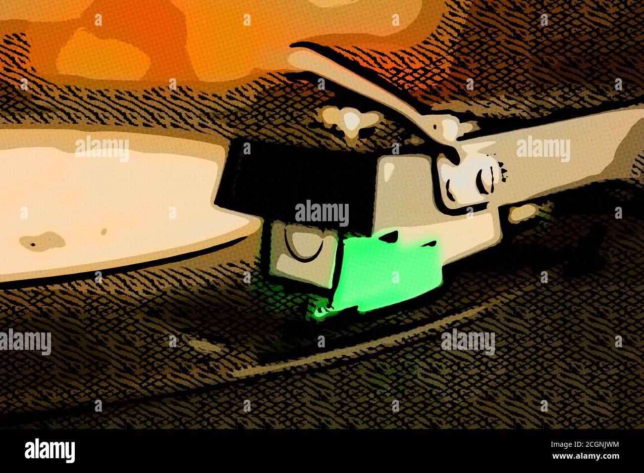 Illustration of turntable playing vinyl close up with needle on the ...