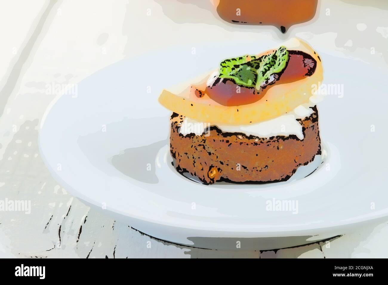 Illustration of bruschetta with goat cheese and pear on white plate