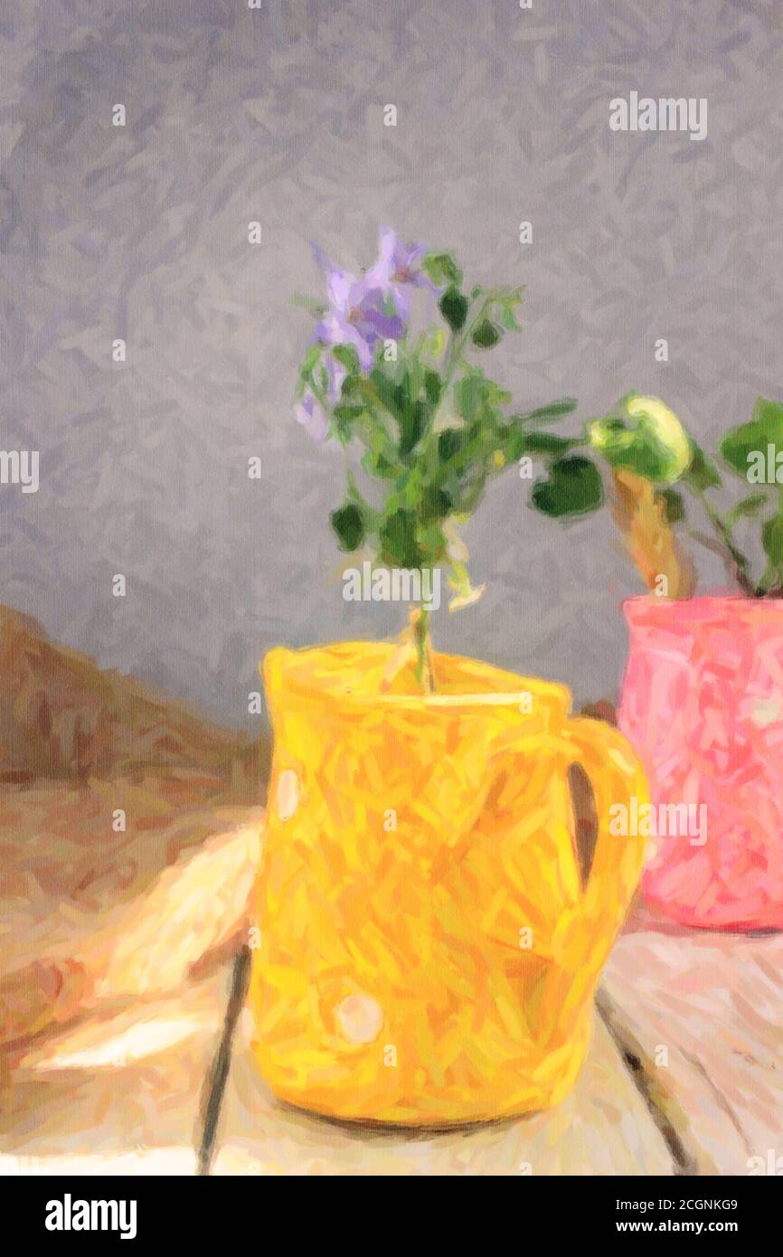 Illustration of blue campanula isophylla in yellow flowerpot on white wooden tab Stock Photo