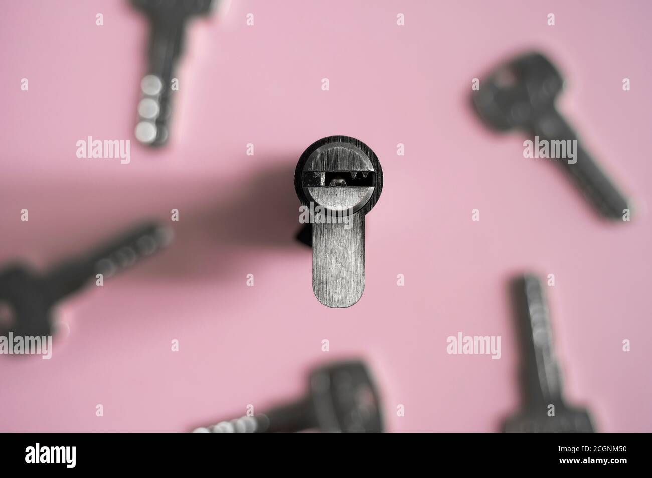 A door lock cylinder core with keys on the pink background. The