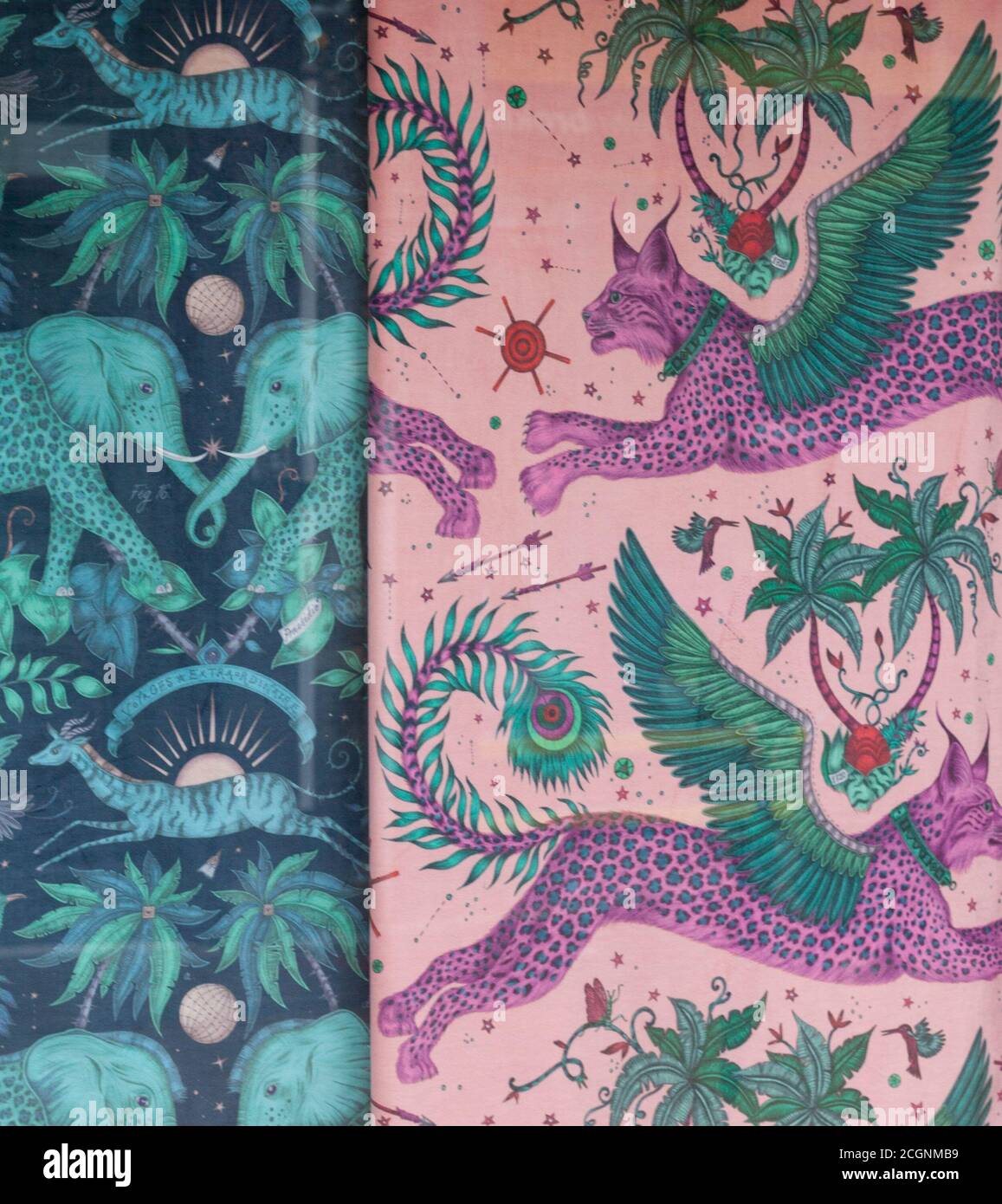 Abstract view of flamboyant curtain and window blind textile designs in