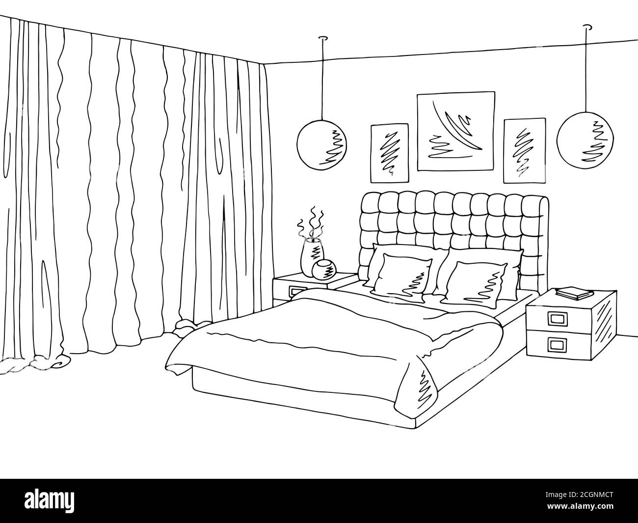 Bedroom black white graphic interior sketch illustration vector Stock Vector