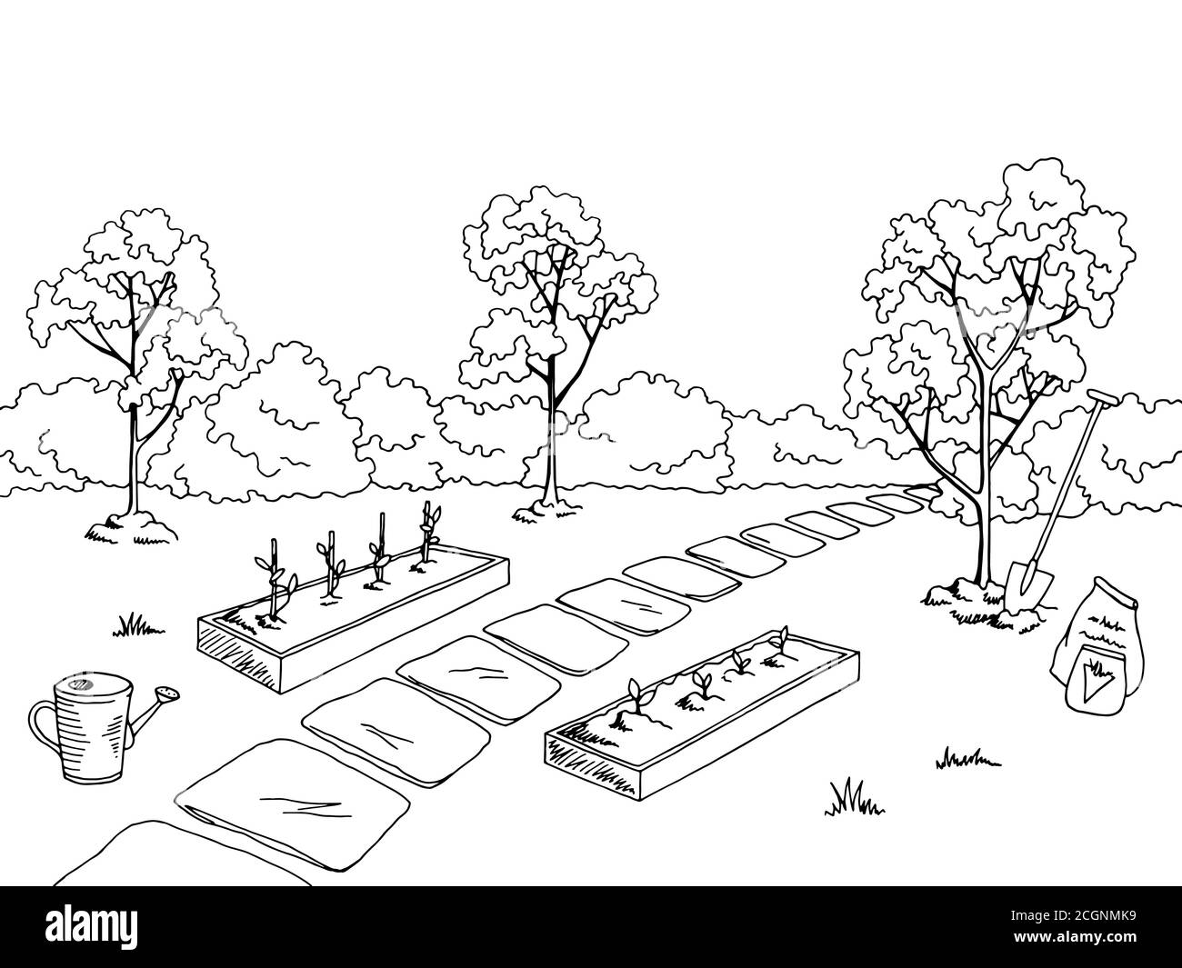 Market garden graphic black white landscape sketch illustration vector Stock Vector