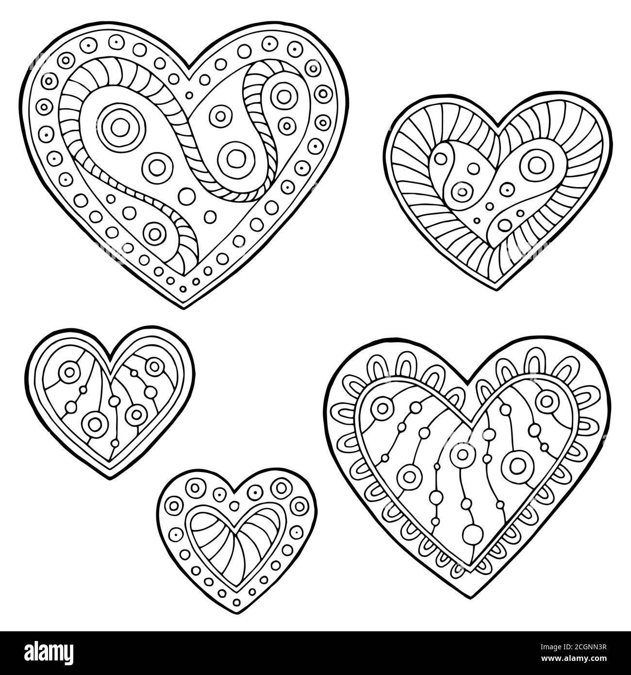 Pattern doodle black white heart graphic set illustration vector Stock Vector