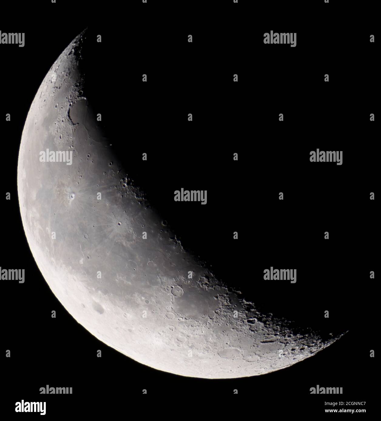London, UK. 12 September 2020. Telescope image of 39% illuminated waning crescent Moon, photographed in the early hours of 12th September. Credit: Malcolm Park/Alamy Stock Photo
