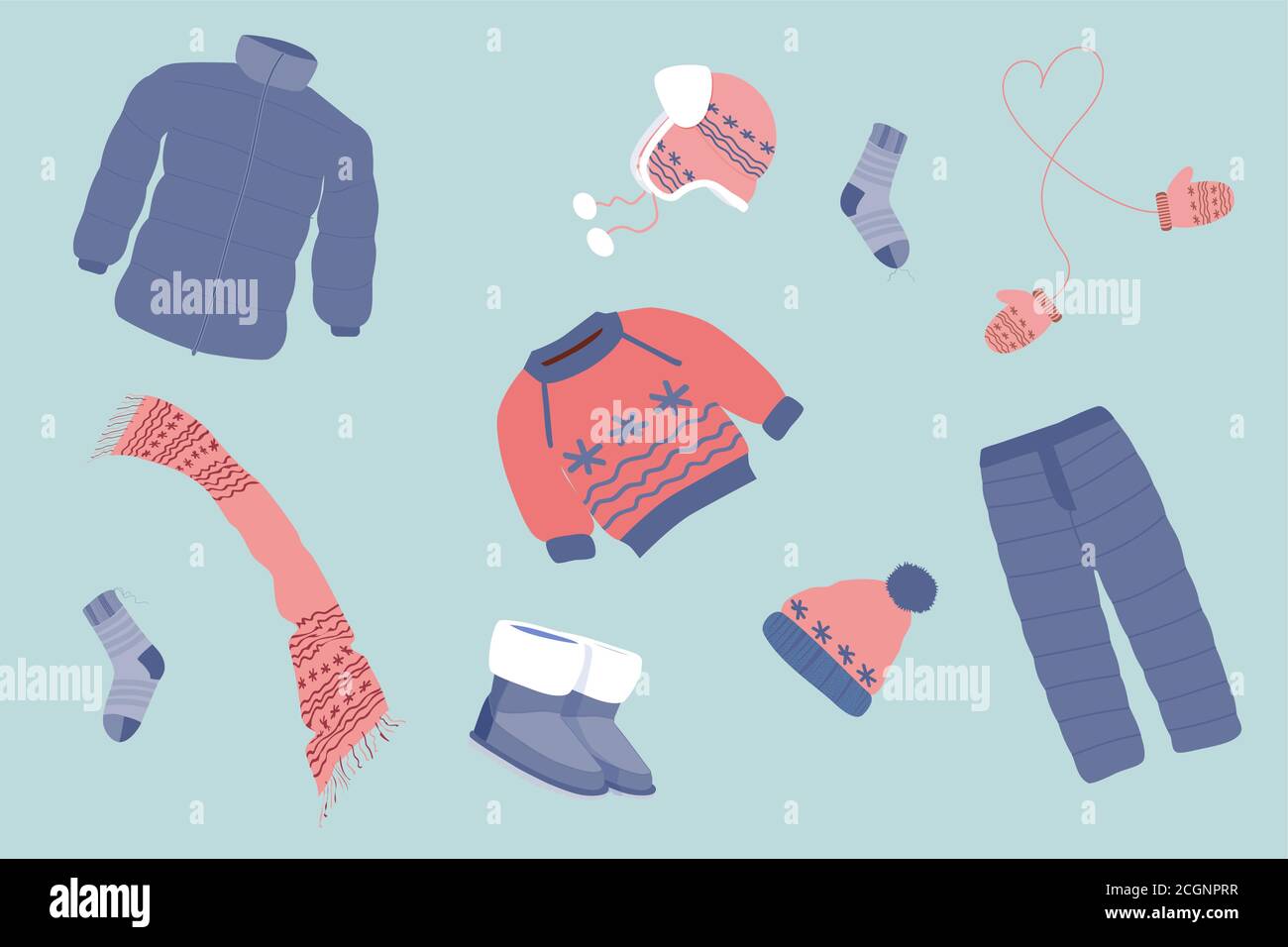 a set of warm clothes consisting of warm pants, jackets, boots, sweaters, hats, scarves and mittens on a light blue background Stock Vector