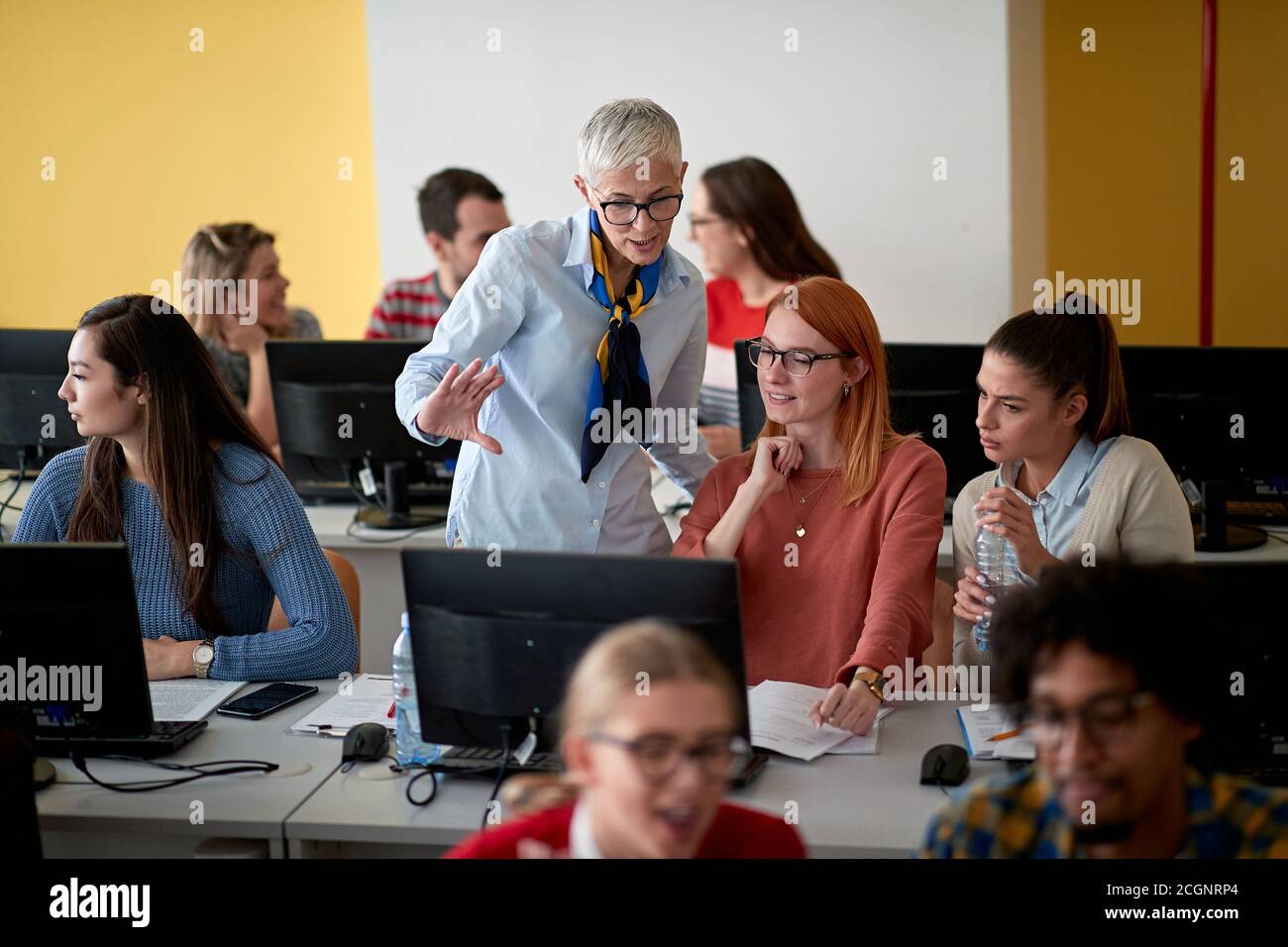 Female professor inspecting the work of students at an informatics ...