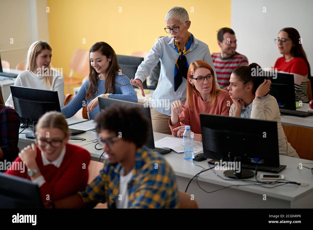 Female professor examining the work of students at an informatics ...