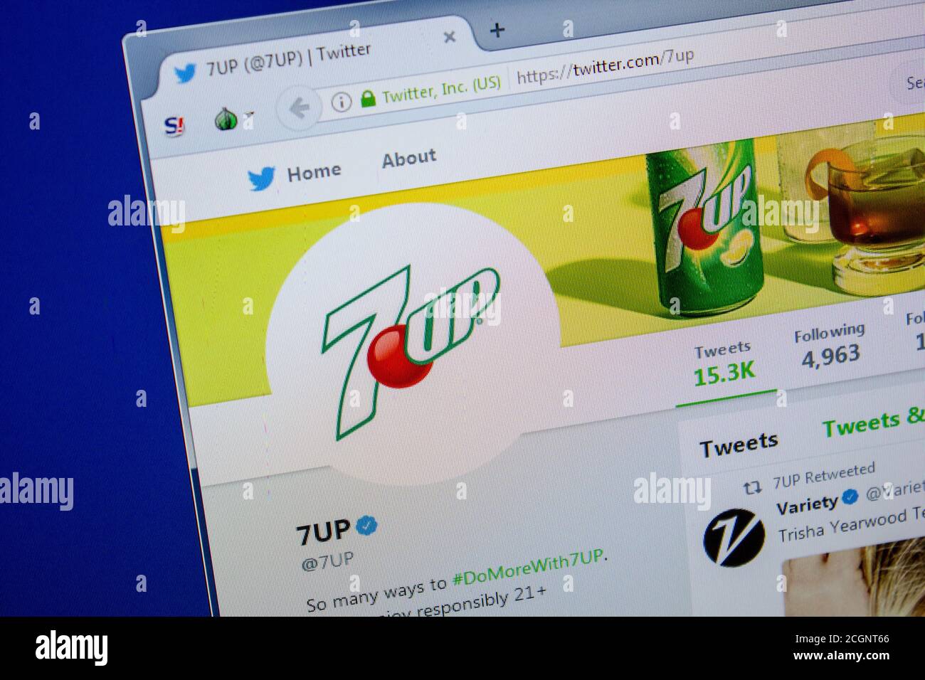 Ryazan, Russia - July 11, 2018: Twitter of 7UP website on the display of PC Stock Photo