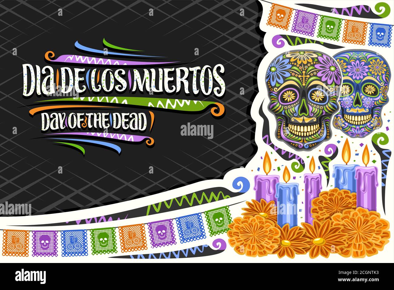 Vector greeting card for Dia de los Muertos with copy space, decorative cut paper layout with illustration of skulls, colorful flags and unique letter Stock Vector