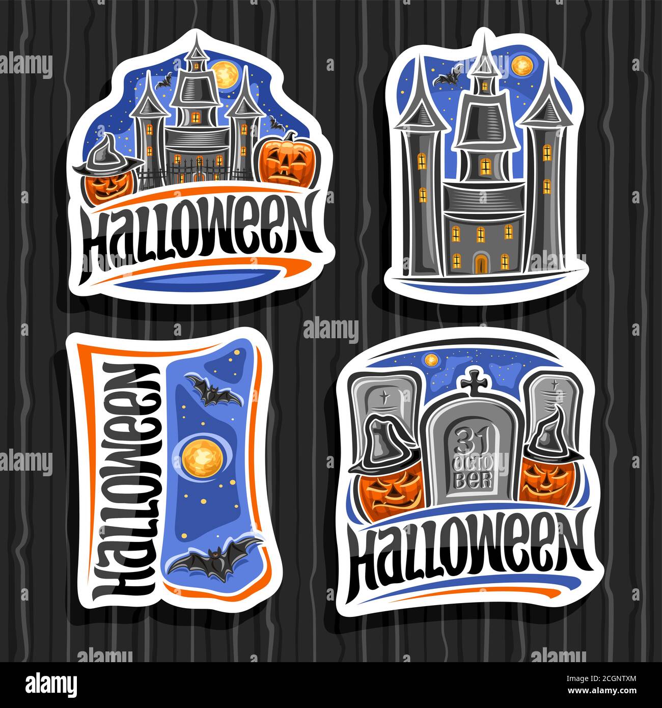 Vector set for Halloween holiday, 4 cut paper sings with old castle on blue sky background and pair halloween Jack-o-Lanterns in hats and tombstone wi Stock Vector