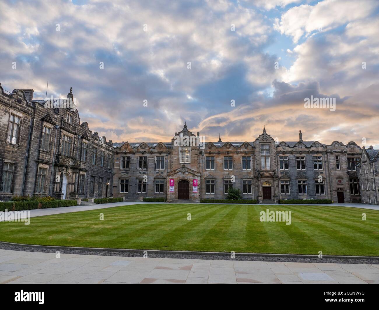Sunset, School V, St Salvator's Quad, University of St Andrews, St Andrews, Fife, Scotland, UK, GB. Stock Photo