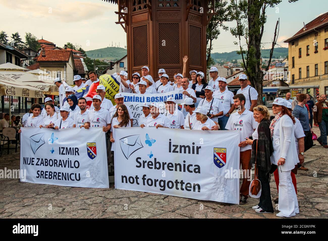 Sarajevo, Bosnia and Herzegovina - July 3rd 2013: Campaigners raising awareness about the Srebrenica Massacre, at Brascarsija Square, Sarajevo, Bosnia Stock Photo