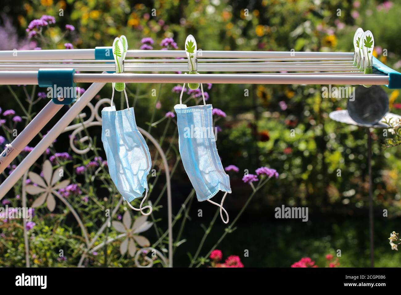 Washed mouth nose protection on clothesline Stock Photo