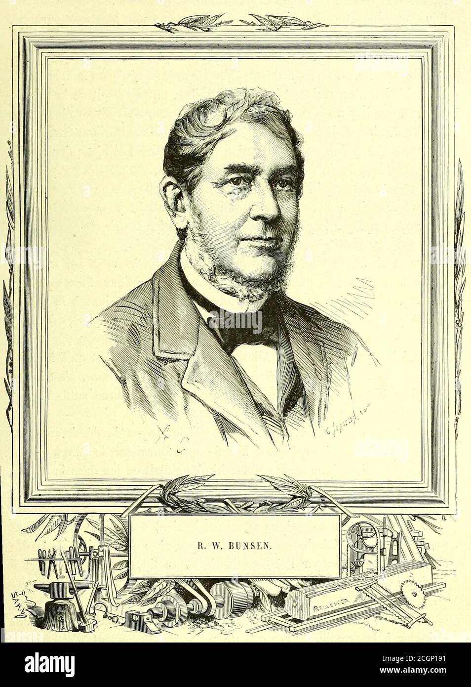 Robert Wilhelm Eberhard Bunsen (30 March 1811 – 16 August 1899) was a German chemist. He investigated emission spectra of heated elements, and discovered caesium (in 1860) and rubidium (in 1861) with the physicist Gustav Kirchhoff. From the Book Les merveilles de la science, ou Description populaire des inventions modernes [The Wonders of Science, or Popular Description of Modern Inventions] by Figuier, Louis, 1819-1894 Published in Paris 1867 Stock Photo