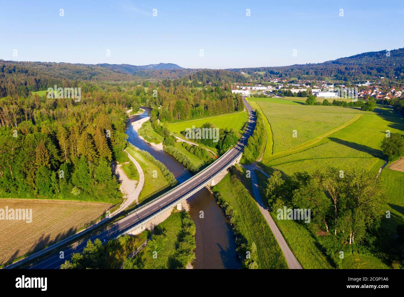 Bridge of the federal road B472 over the river Ammer, near Peissenberg, drone shot, Pfaffenwinkel, Alpine foothills, Upper Bavaria, Bavaria, Germany Stock Photo
