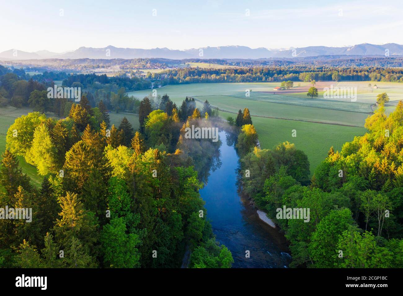 River Ammer between Polling and Peissenberg, drone shot, Pfaffenwinkel, Alpine foreland, Upper Bavaria, Bavaria, Germany Stock Photo