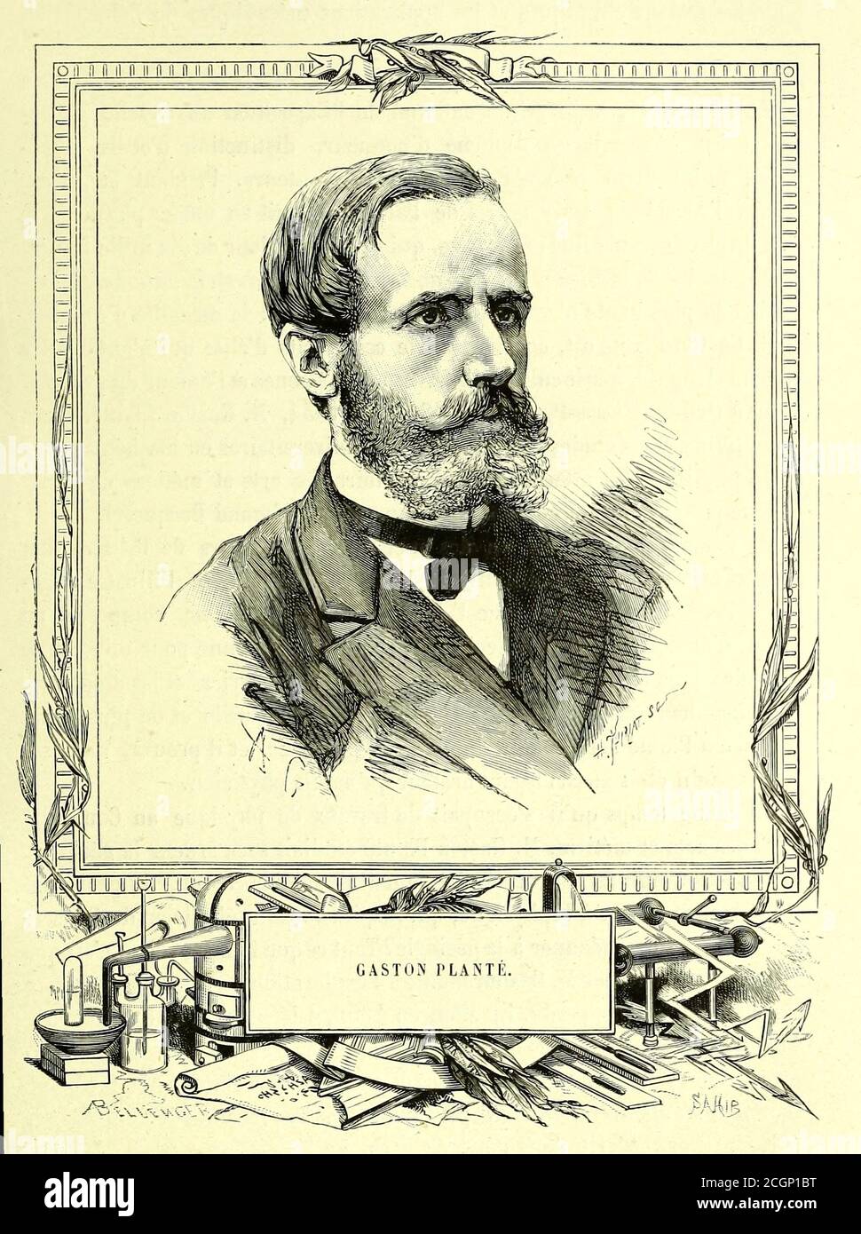 Gaston Planté (22 April 1834 – 21 May 1889) was a French physicist who invented the lead–acid battery in 1859. This type battery was developed as the first rechargeable electric battery marketed for commercial use and it is widely used in automobiles. From the Book Les merveilles de la science, ou Description populaire des inventions modernes [The Wonders of Science, or Popular Description of Modern Inventions] by Figuier, Louis, 1819-1894 Published in Paris 1867 Stock Photo