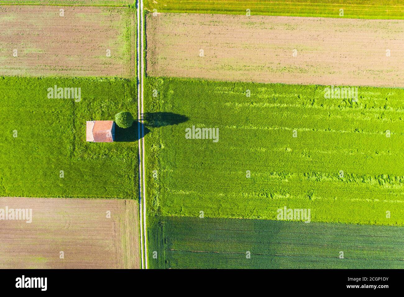 Field path through cultural landscape from above, near Huglfing, Pfaffenwinkel, drone picture, Upper Bavaria, Bavaria, Germany Stock Photo
